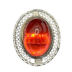 Pink orange oval cabochon silver tone filigree design ornate brooch pin vintage